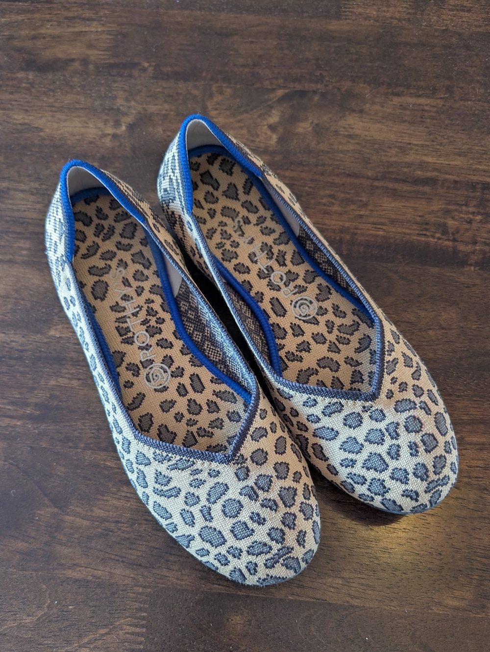 Rothy's Leopard Print Ballet Flats with Blue Trim